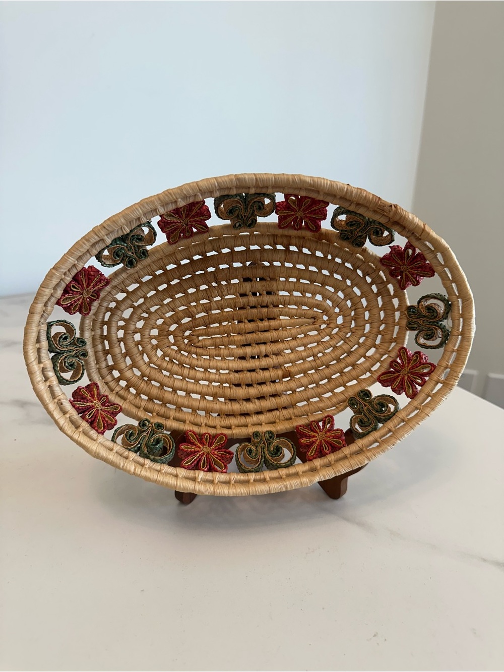 Vintage Bohemian Handwoven Straw Decorative Basket w/Red and Green Floral Design